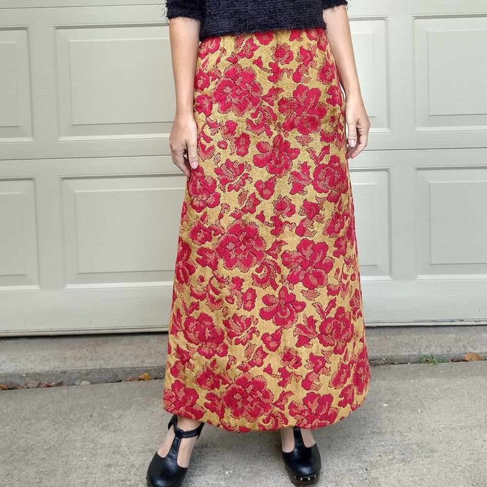 70’s Handmade  Floral Velvet High Rise Pleated Maxi Skirt main image 1